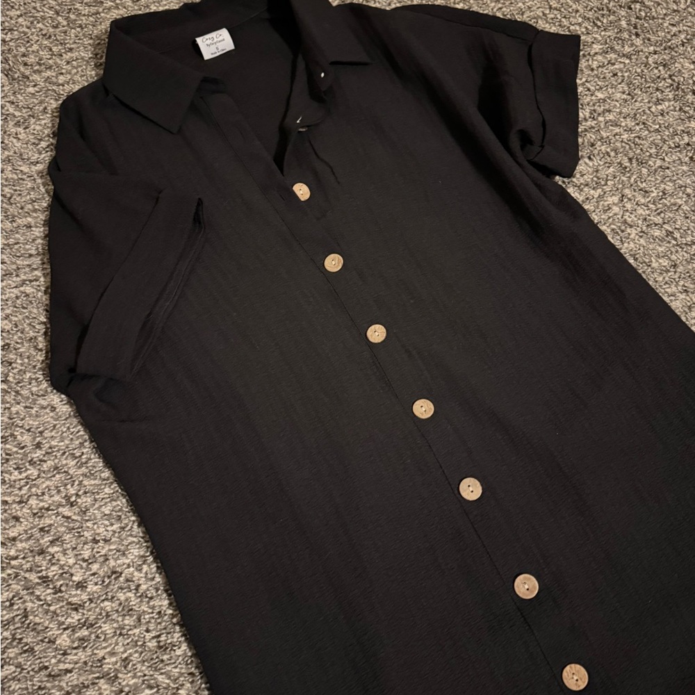 Cozy Casual Black Button-Front Shirt Dress